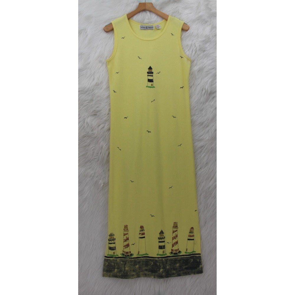 Vintage 90s Needle & Threads Maxi Dress Lighthouse Nautical Resort Vacation M
